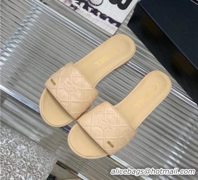 Discount Chanel CC Quilted Calfskin Flat Slide Sandals Beige 505104