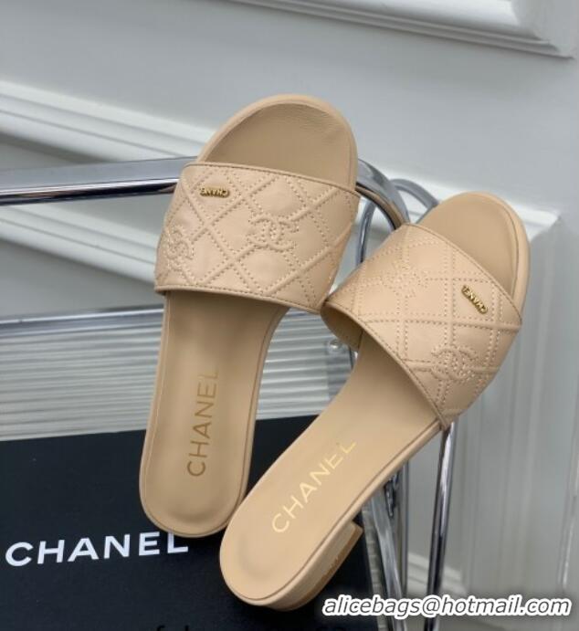 Discount Chanel CC Quilted Calfskin Flat Slide Sandals Beige 505104