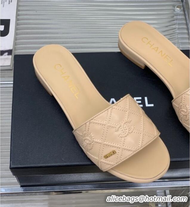 Discount Chanel CC Quilted Calfskin Flat Slide Sandals Beige 505104