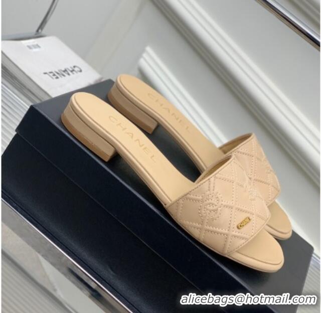 Discount Chanel CC Quilted Calfskin Flat Slide Sandals Beige 505104