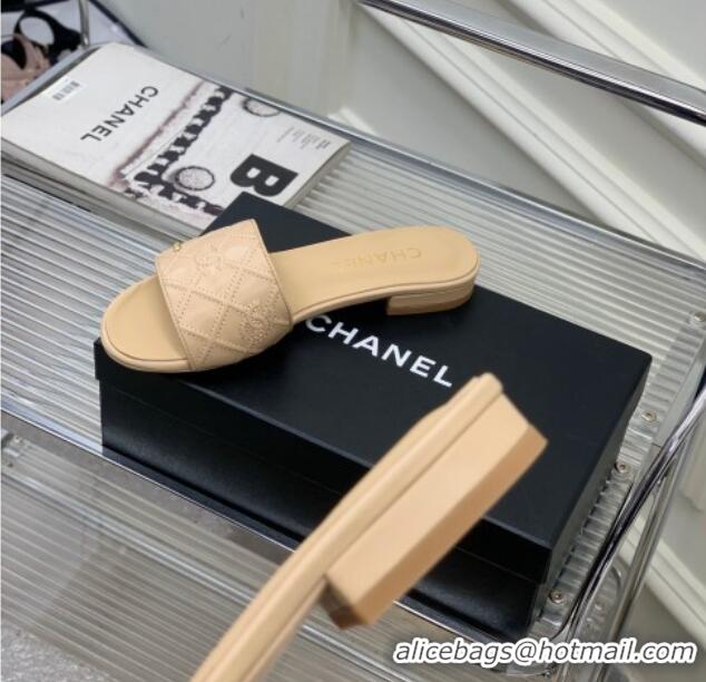 Discount Chanel CC Quilted Calfskin Flat Slide Sandals Beige 505104