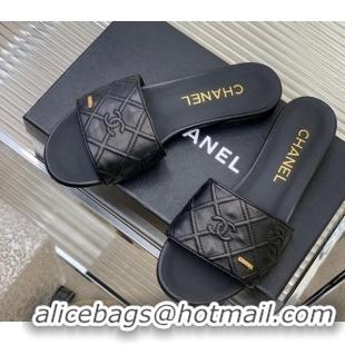 Hot Style Chanel CC Quilted Calfskin Flat Slide Sandals Black 505105