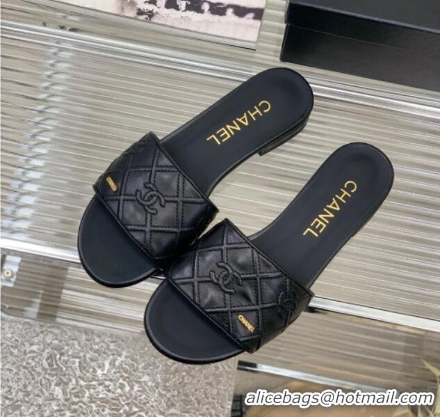 Hot Style Chanel CC Quilted Calfskin Flat Slide Sandals Black 505105