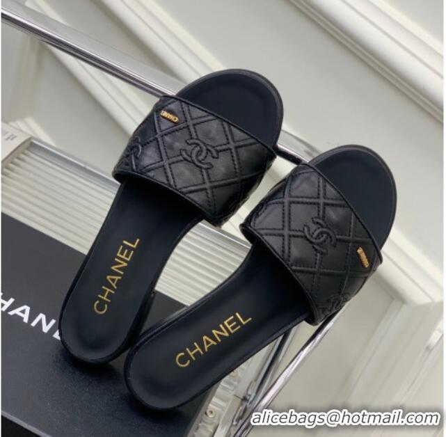 Hot Style Chanel CC Quilted Calfskin Flat Slide Sandals Black 505105