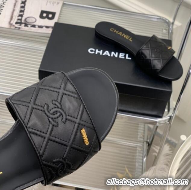 Hot Style Chanel CC Quilted Calfskin Flat Slide Sandals Black 505105