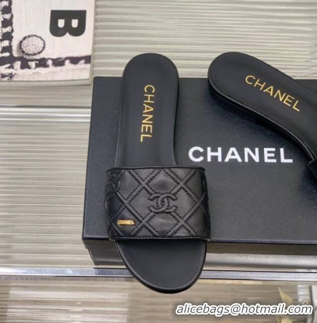 Hot Style Chanel CC Quilted Calfskin Flat Slide Sandals Black 505105