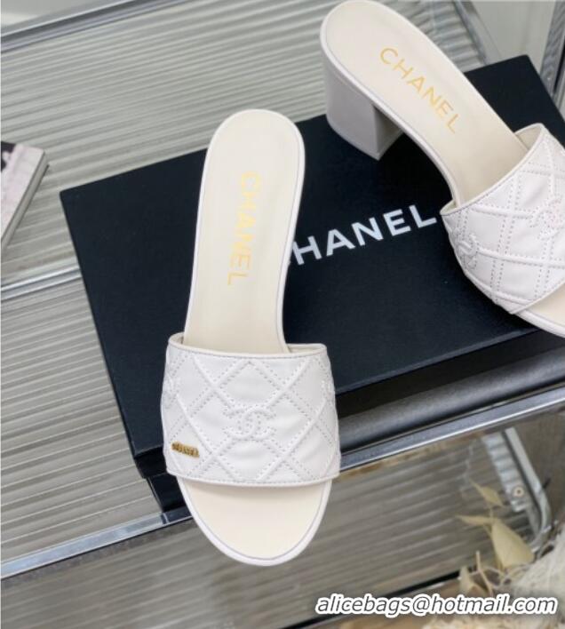 Sumptuous Chanel CC Quilted Calfskin Heel Slide Sandals 7cm White 505106