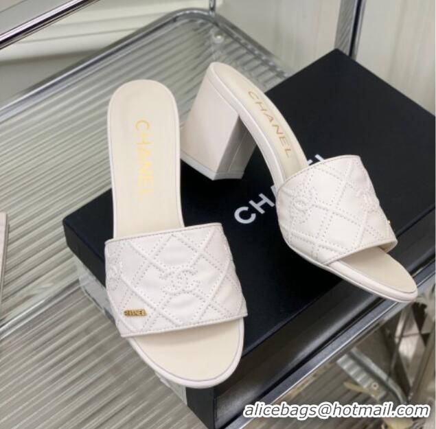 Sumptuous Chanel CC Quilted Calfskin Heel Slide Sandals 7cm White 505106