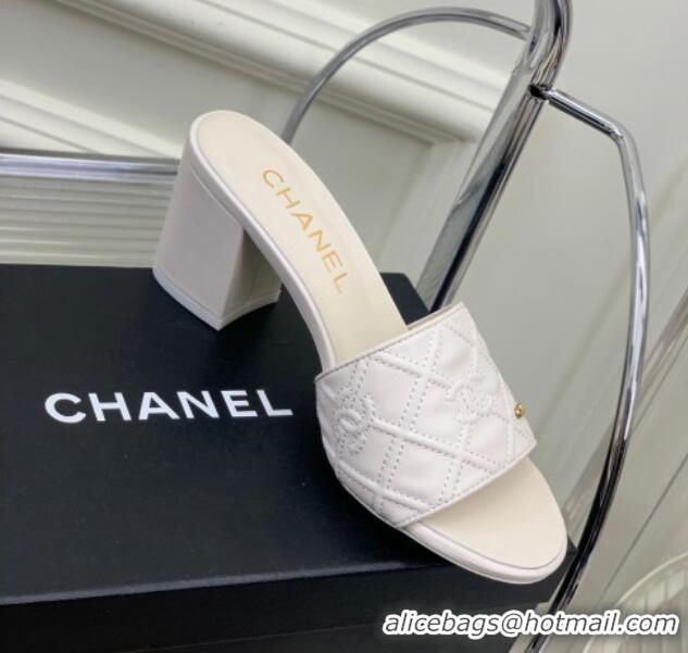 Sumptuous Chanel CC Quilted Calfskin Heel Slide Sandals 7cm White 505106