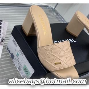 Good Product Chanel CC Quilted Calfskin Heel Slide Sandals 7cm Beige 505107