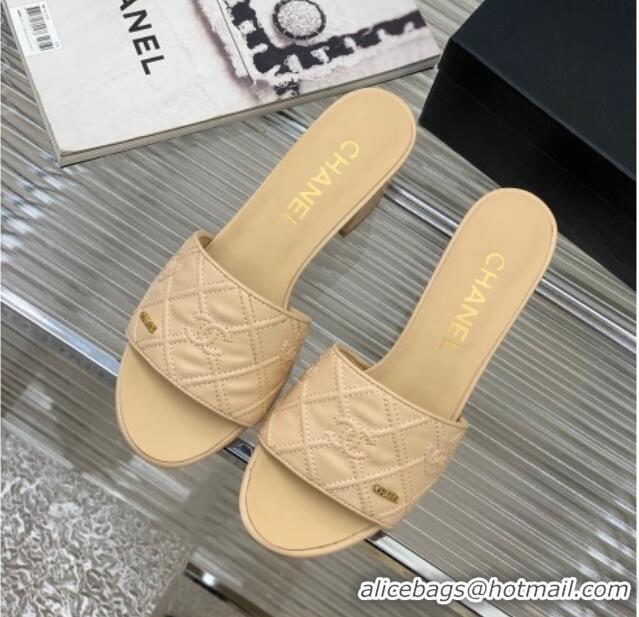 Good Product Chanel CC Quilted Calfskin Heel Slide Sandals 7cm Beige 505107