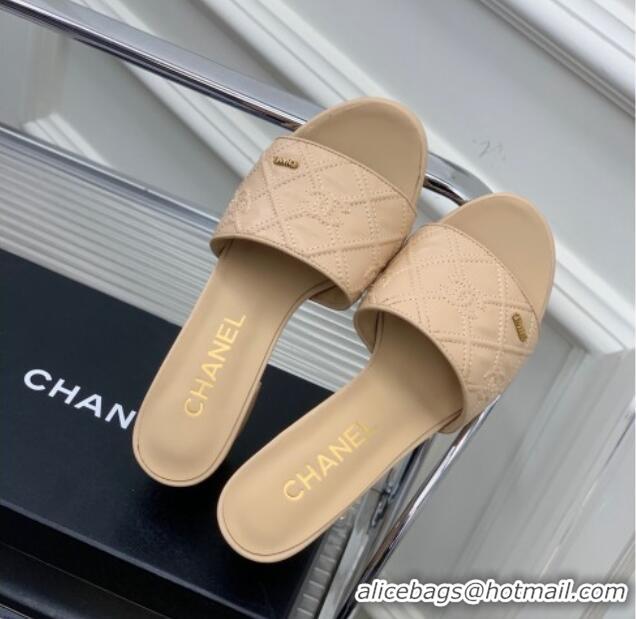 Good Product Chanel CC Quilted Calfskin Heel Slide Sandals 7cm Beige 505107