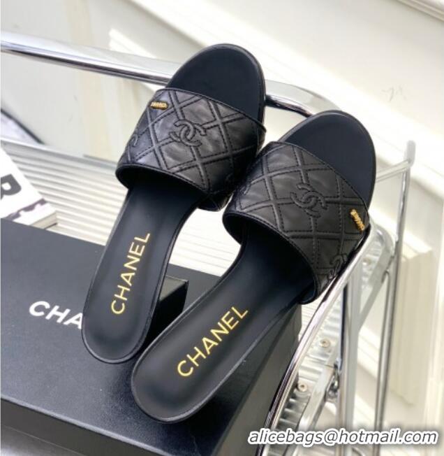 Popular Style Chanel CC Quilted Calfskin Heel Slide Sandals 7cm Black 505108