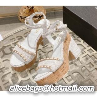 Best Grade Chanel Tweed Heel Sandals 10.5cm with Chain White 524122