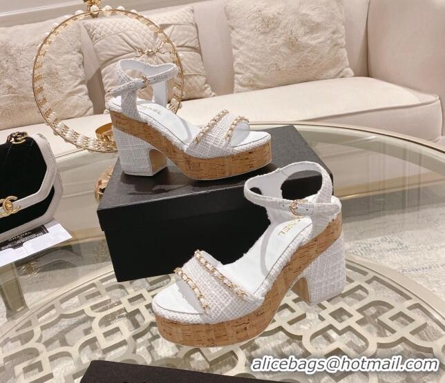 Best Grade Chanel Tweed Heel Sandals 10.5cm with Chain White 524122