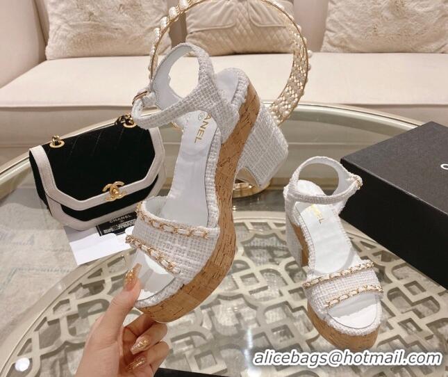 Best Grade Chanel Tweed Heel Sandals 10.5cm with Chain White 524122