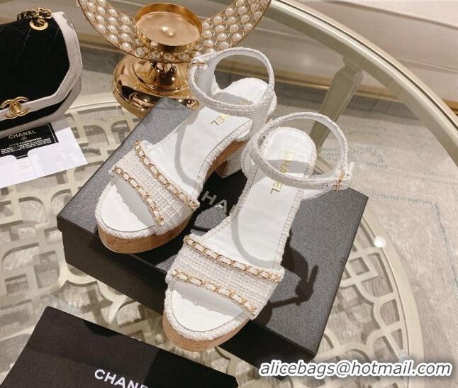 Best Grade Chanel Tweed Heel Sandals 10.5cm with Chain White 524122