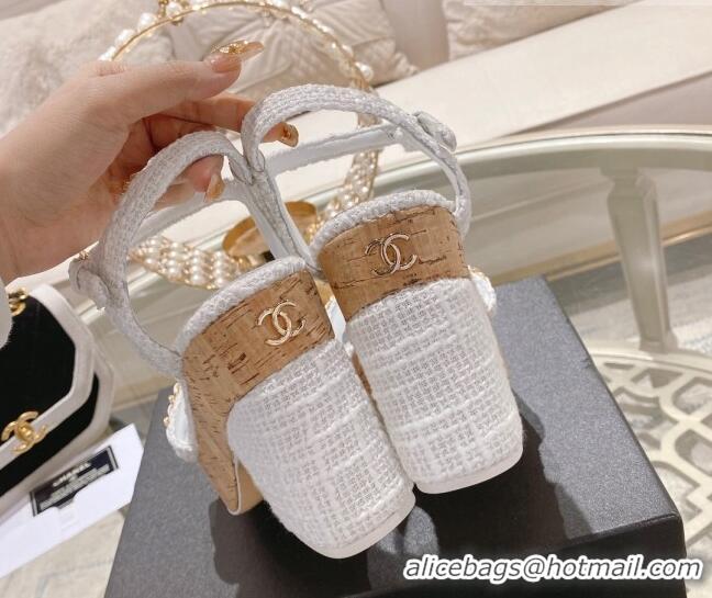 Best Grade Chanel Tweed Heel Sandals 10.5cm with Chain White 524122