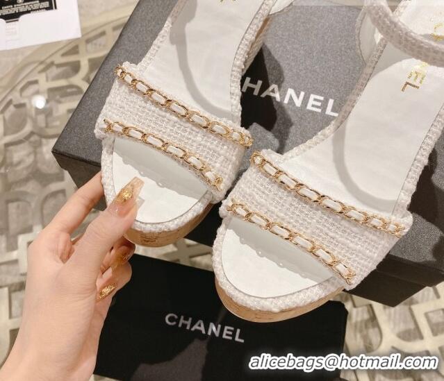 Best Grade Chanel Tweed Heel Sandals 10.5cm with Chain White 524122