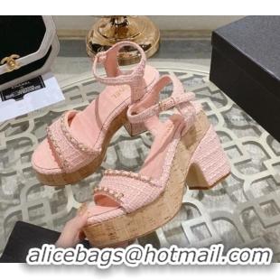 Purchase Chanel Tweed Heel Sandals 10.5cm with Chain Light Pink 524123