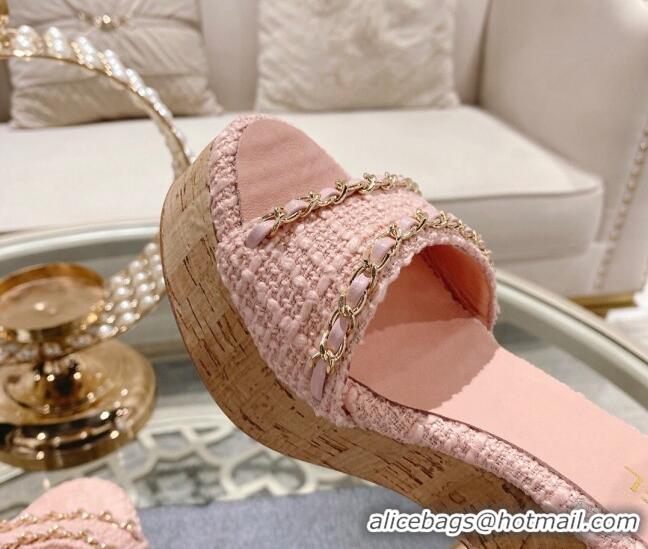 Purchase Chanel Tweed Heel Sandals 10.5cm with Chain Light Pink 524123