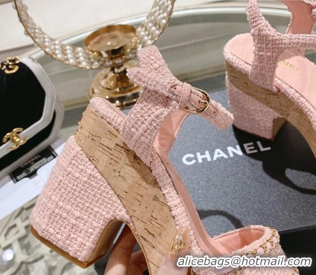 Purchase Chanel Tweed Heel Sandals 10.5cm with Chain Light Pink 524123