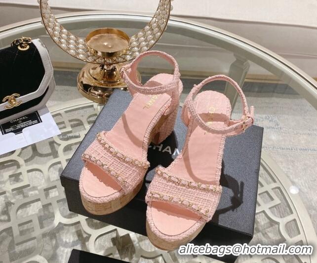 Purchase Chanel Tweed Heel Sandals 10.5cm with Chain Light Pink 524123