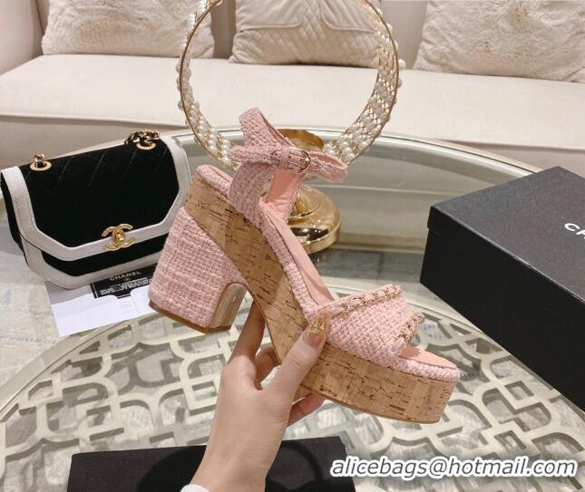 Purchase Chanel Tweed Heel Sandals 10.5cm with Chain Light Pink 524123