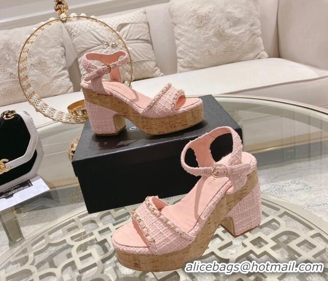 Purchase Chanel Tweed Heel Sandals 10.5cm with Chain Light Pink 524123