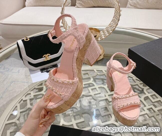 Purchase Chanel Tweed Heel Sandals 10.5cm with Chain Light Pink 524123