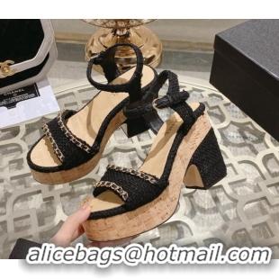 Classic Hot Chanel Tweed Heel Sandals 10.5cm with Chain Black 524124