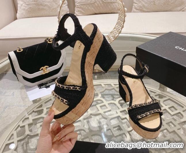 Classic Hot Chanel Tweed Heel Sandals 10.5cm with Chain Black 524124