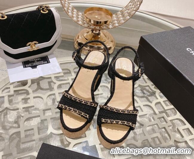 Classic Hot Chanel Tweed Heel Sandals 10.5cm with Chain Black 524124