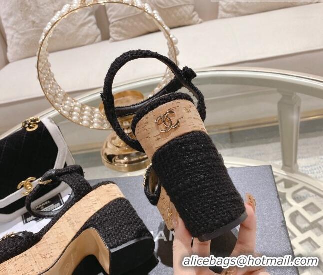 Classic Hot Chanel Tweed Heel Sandals 10.5cm with Chain Black 524124