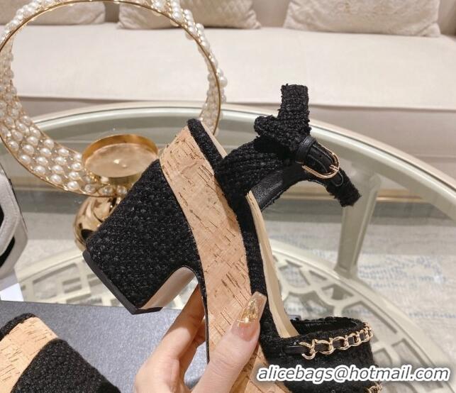 Classic Hot Chanel Tweed Heel Sandals 10.5cm with Chain Black 524124