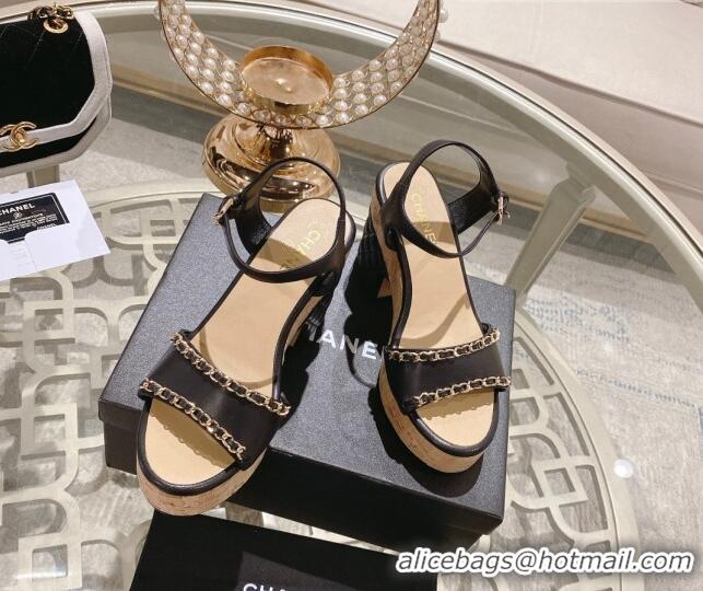 Best Price Chanel Leather Heel Sandals 10.5cm with Chain Black 524125