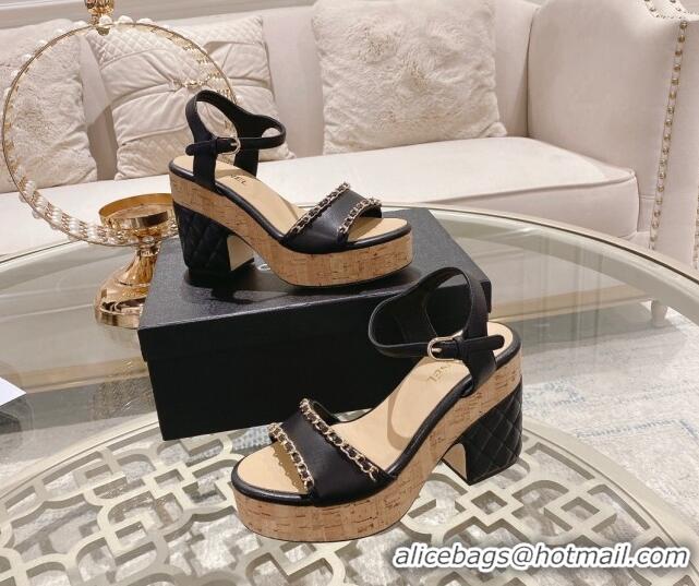 Best Price Chanel Leather Heel Sandals 10.5cm with Chain Black 524125