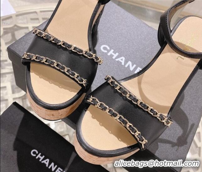 Best Price Chanel Leather Heel Sandals 10.5cm with Chain Black 524125