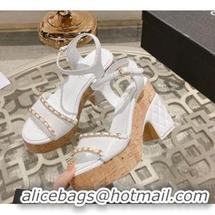 Pretty Style Chanel Leather Heel Sandals 10.5cm with Chain White 524126