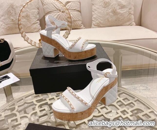 Pretty Style Chanel Leather Heel Sandals 10.5cm with Chain White 524126