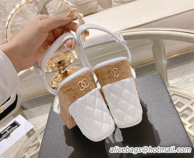 Pretty Style Chanel Leather Heel Sandals 10.5cm with Chain White 524126