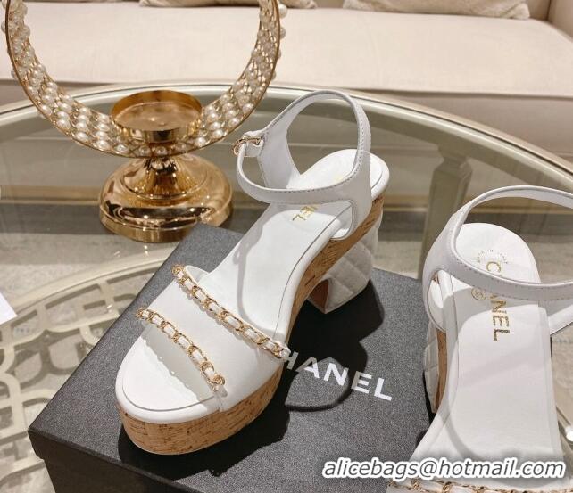 Pretty Style Chanel Leather Heel Sandals 10.5cm with Chain White 524126