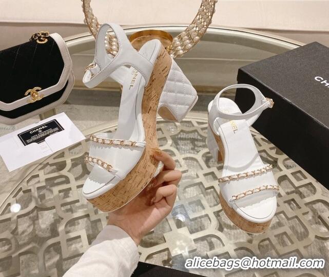 Pretty Style Chanel Leather Heel Sandals 10.5cm with Chain White 524126