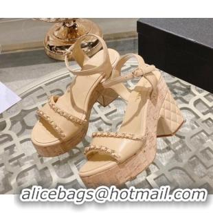 Good Looking Chanel Leather Heel Sandals 10.5cm with Chain Beige 524127