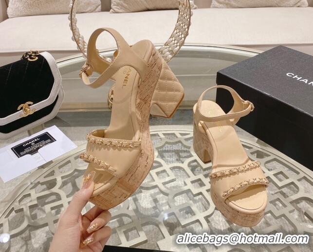 Good Looking Chanel Leather Heel Sandals 10.5cm with Chain Beige 524127