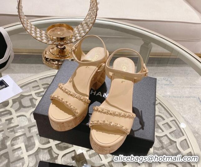 Good Looking Chanel Leather Heel Sandals 10.5cm with Chain Beige 524127