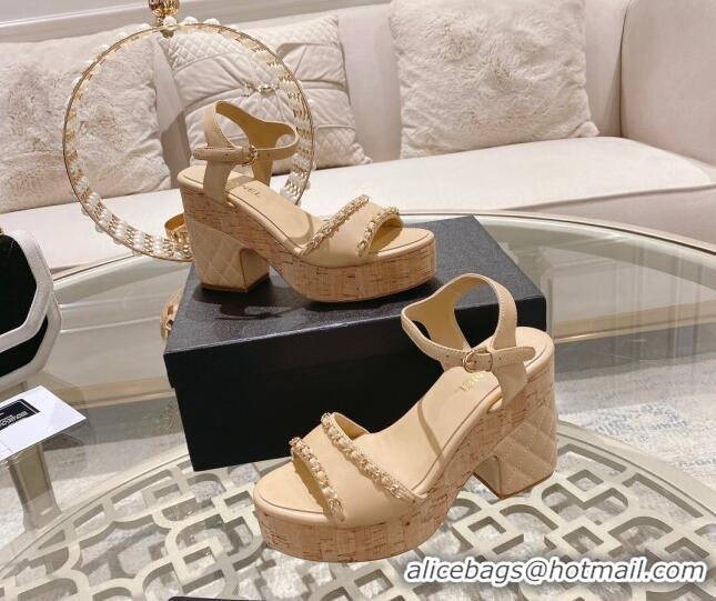 Good Looking Chanel Leather Heel Sandals 10.5cm with Chain Beige 524127