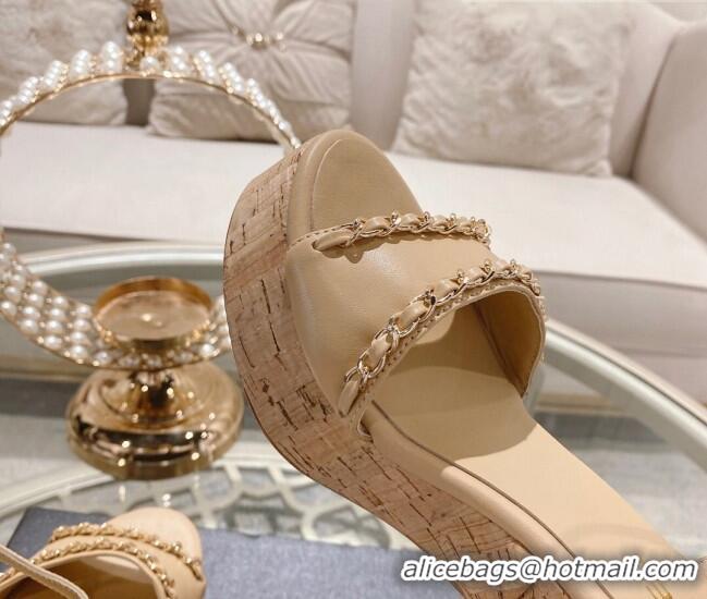 Good Looking Chanel Leather Heel Sandals 10.5cm with Chain Beige 524127