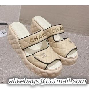 Best Product Chanel Quilted Leather Platform Slide Sandals 7cm Beige 524129