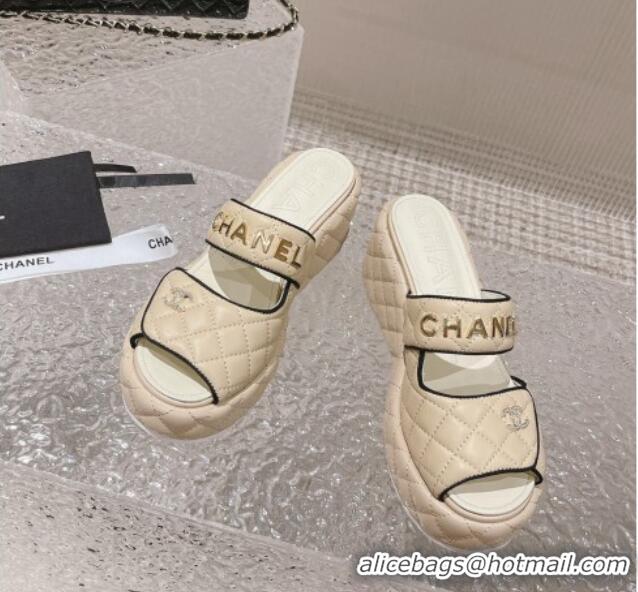 Best Product Chanel Quilted Leather Platform Slide Sandals 7cm Beige 524129